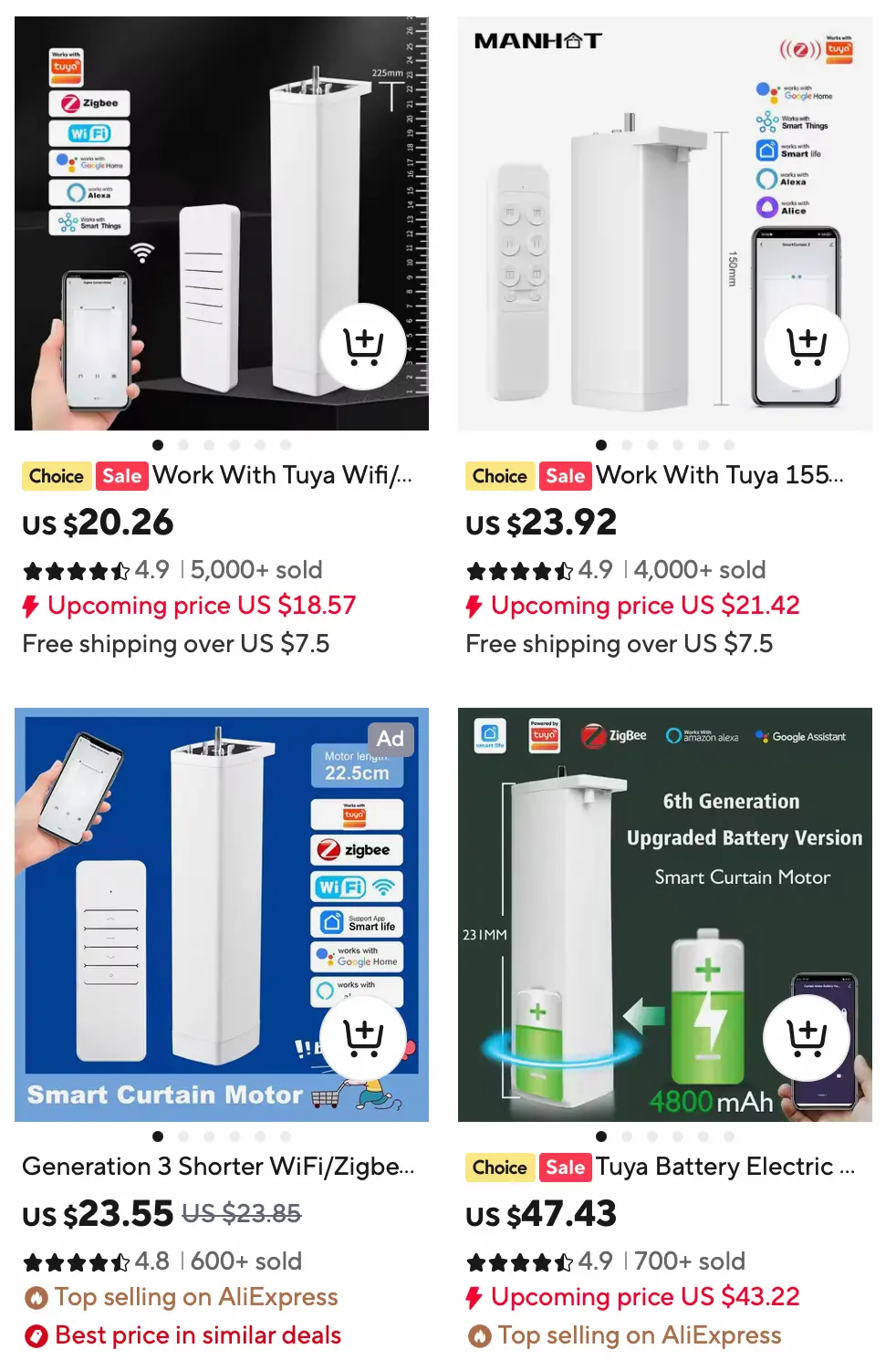 Four AliExpress listings for smart curtain motors. Different brand names, different prices, nearly identical hardware.