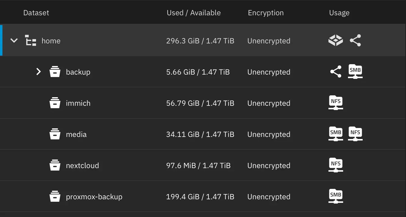 TrueNAS datasets organized by service under the home pool