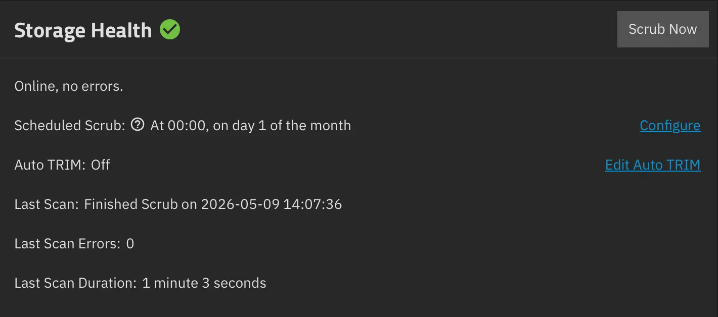 ZFS mirror pool status and scheduled scrub configuration in TrueNAS